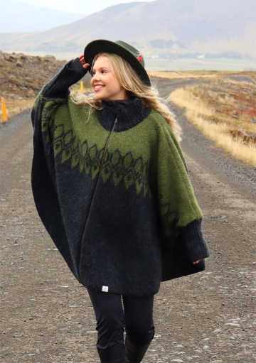 Damen Woll-Poncho-Jacke Ísar - Wintermantel - Reitponcho - Grün / Schwarz