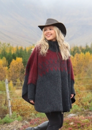 Damen Woll-Poncho-Jacke Ísar - Wintermantel - Reitrock - Dunkelrot / Schwarz